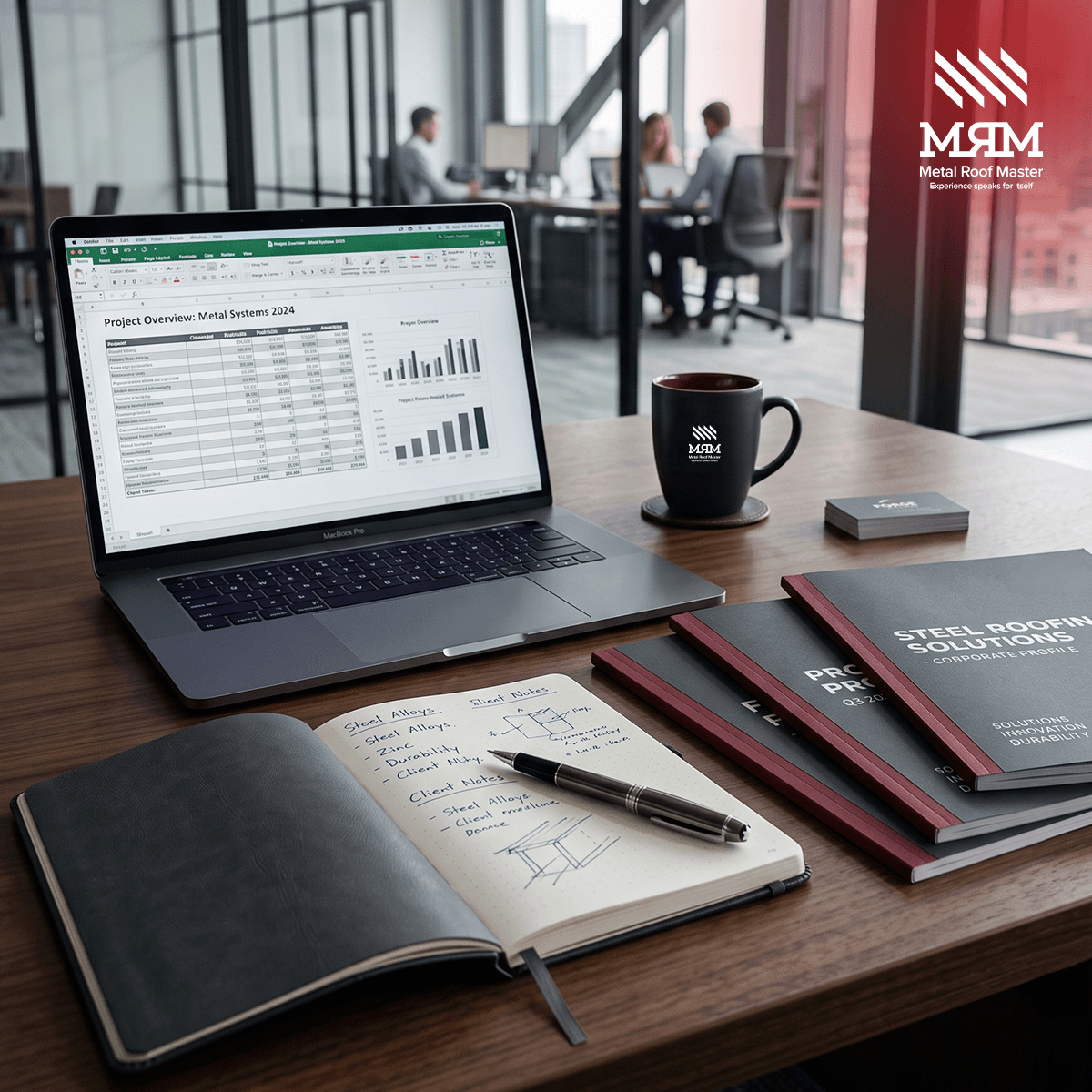 A metal systems project cost breakdown open on a laptop, beside handwritten alloy notes and MRM steel roofing reports